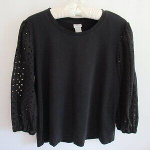Chico's black cotton blend scoop neck 3/4 eyelet sleeves tee *Sz L*